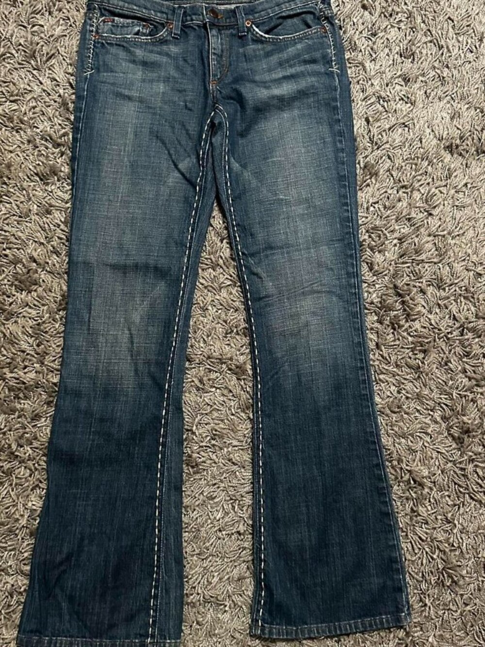Joes Jeans Low Rise Flared Dark Wash With White Stitching Size 30